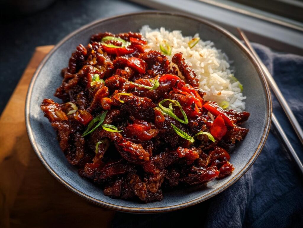 A close-up of a bowl of Crispy Chilli Beef Rice, featuring glossy beef strips and white rice, garnished with green onions.