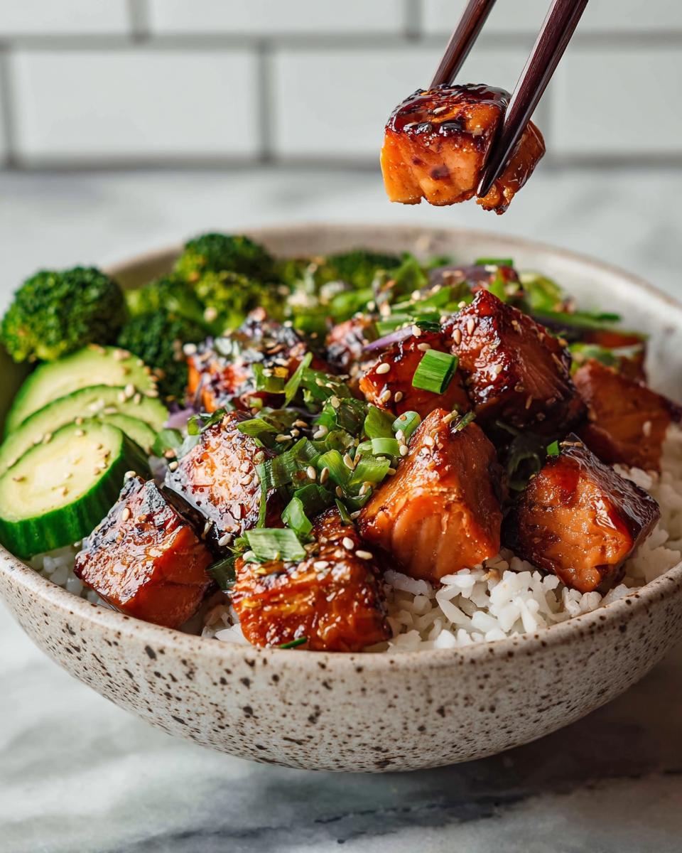 A piece of crispy salmon being lifted from a bowl of rice, broccoli, and cucumber with chopsticks.