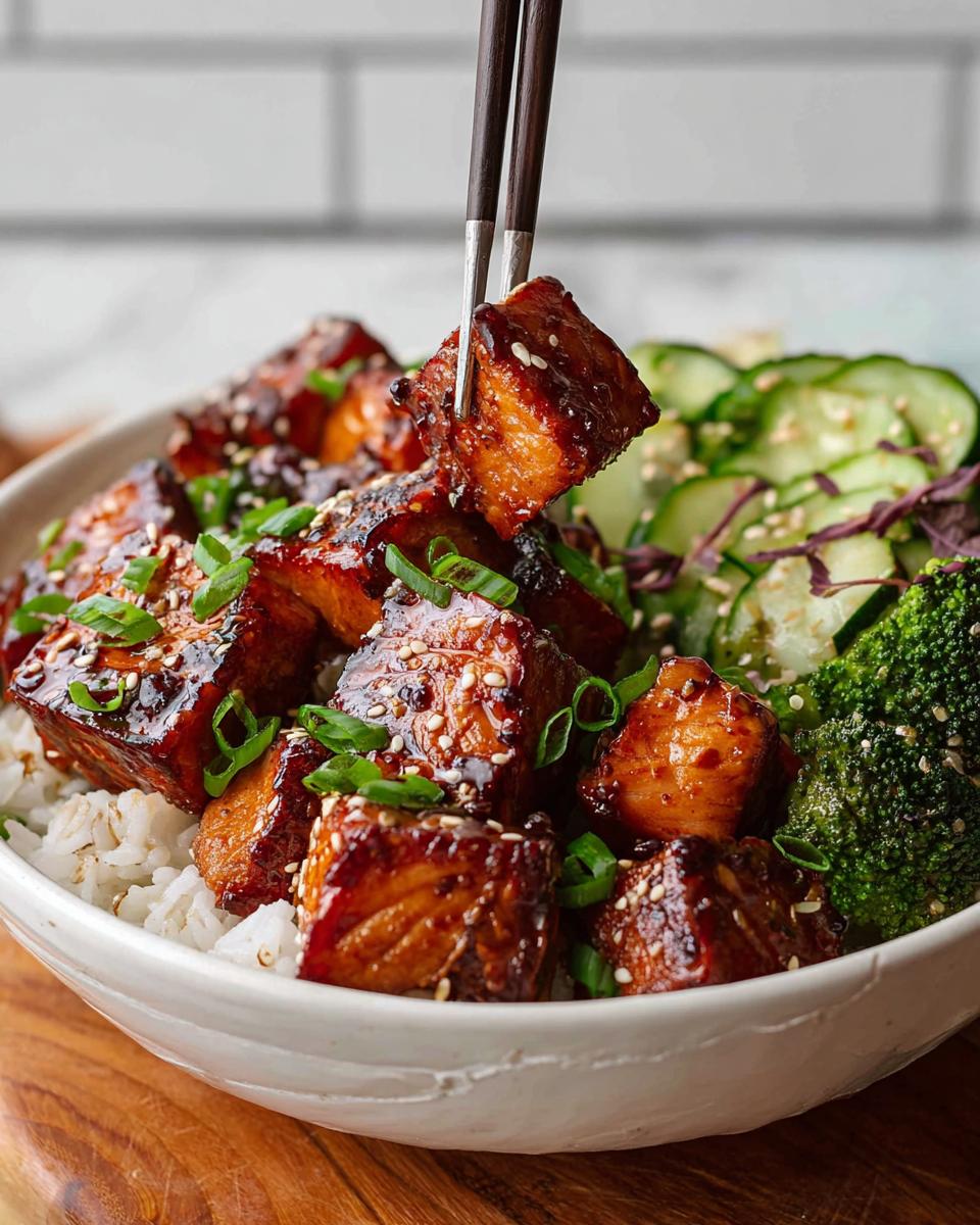 A close-up of a Crispy Salmon and Rice Bowl, with chopsticks lifting a piece of glazed salmon.