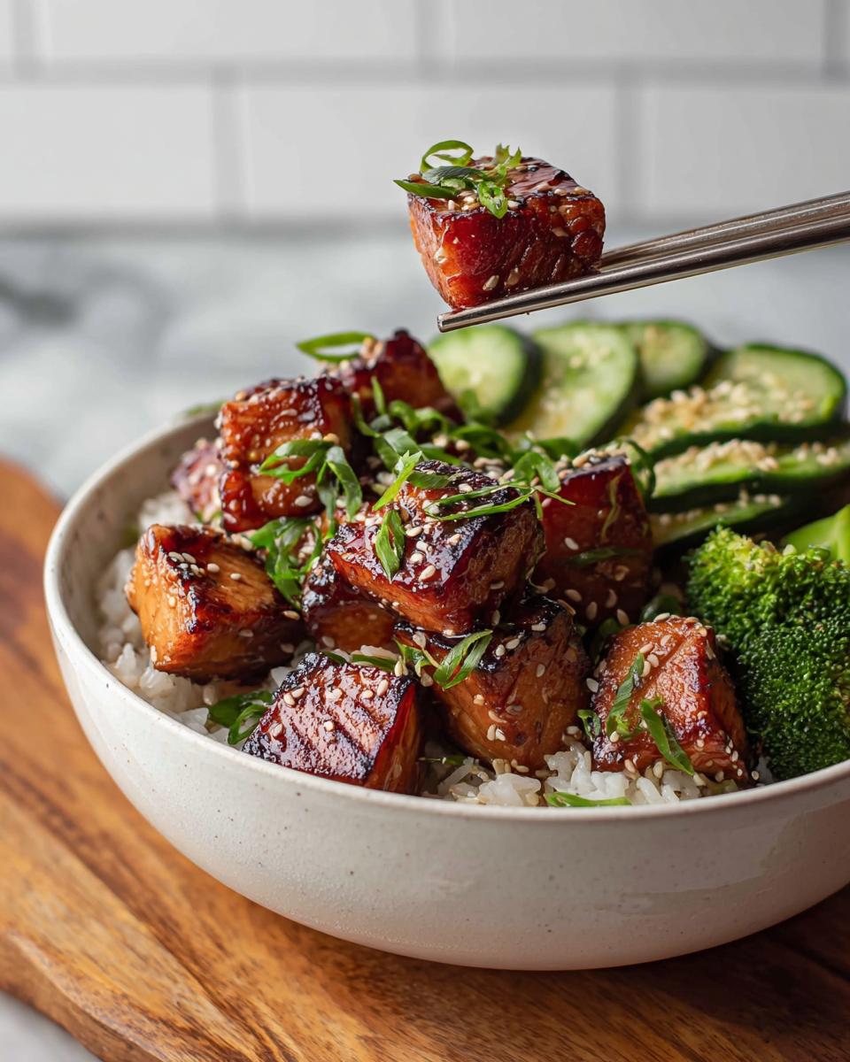 A close-up of a Crispy Salmon and Rice Bowl, with chopsticks picking up a piece of glazed salmon.