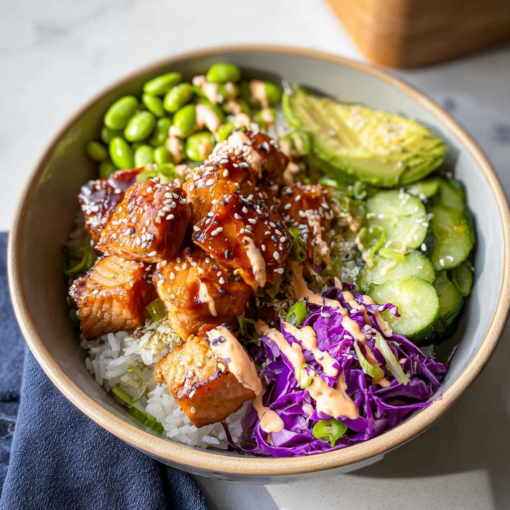 A delicious Crispy Salmon and Rice Bowl with edamame, avocado, cucumber, and red cabbage, drizzled with sauce.