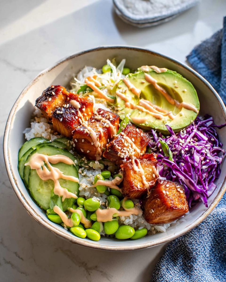 A vibrant Crispy Salmon and Rice Bowl featuring glazed salmon pieces, avocado, cucumber, edamame, and red cabbage, drizzled with sauce.