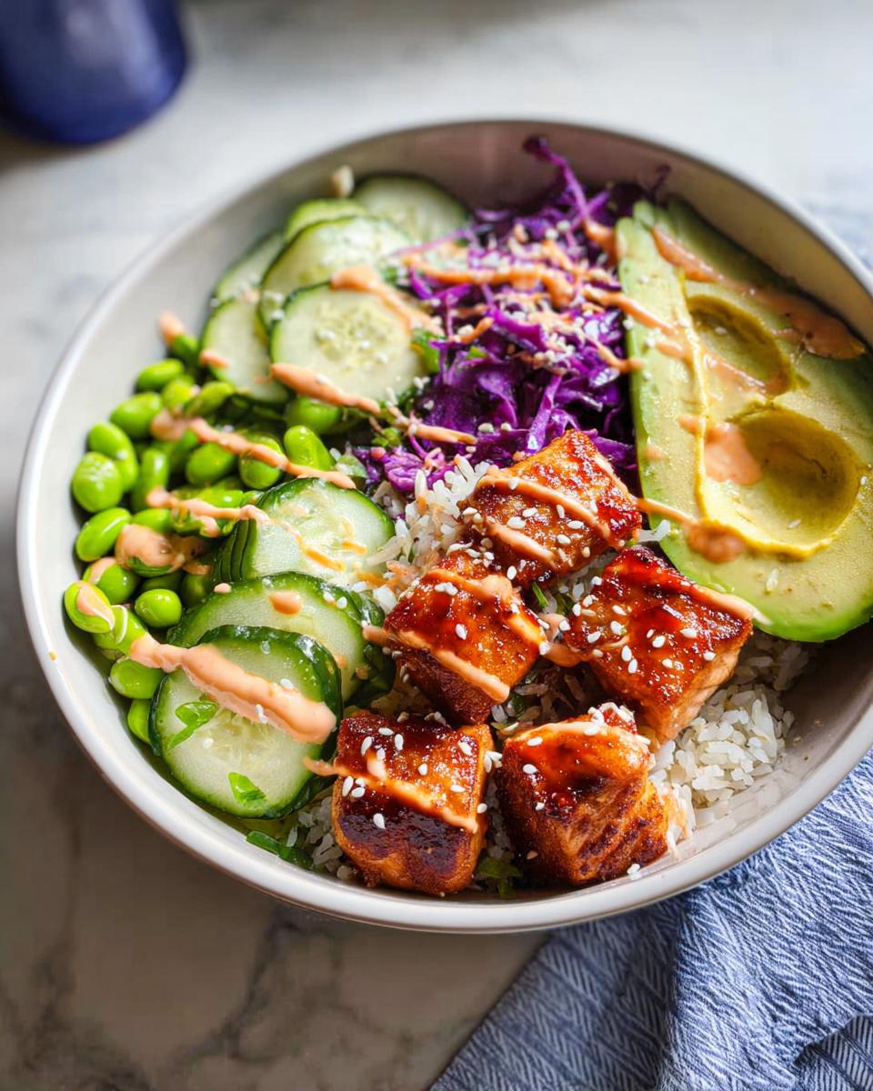 A close-up of a delicious Crispy Salmon and Rice Bowl with avocado, cucumber, edamame, and red cabbage, drizzled with sauce.