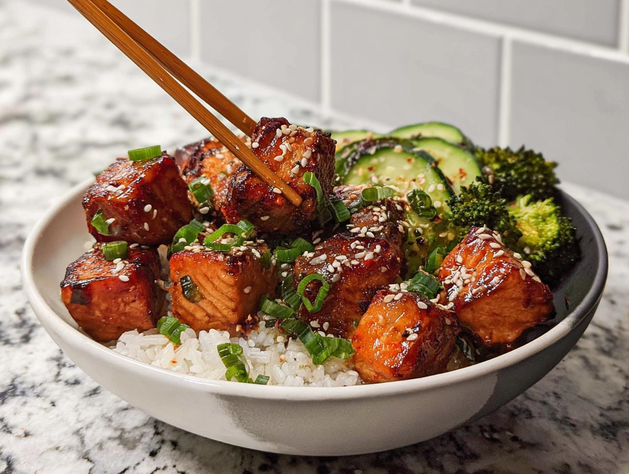 A close-up of a Crispy Salmon and Rice Bowl, with chopsticks picking up a piece of glazed salmon.
