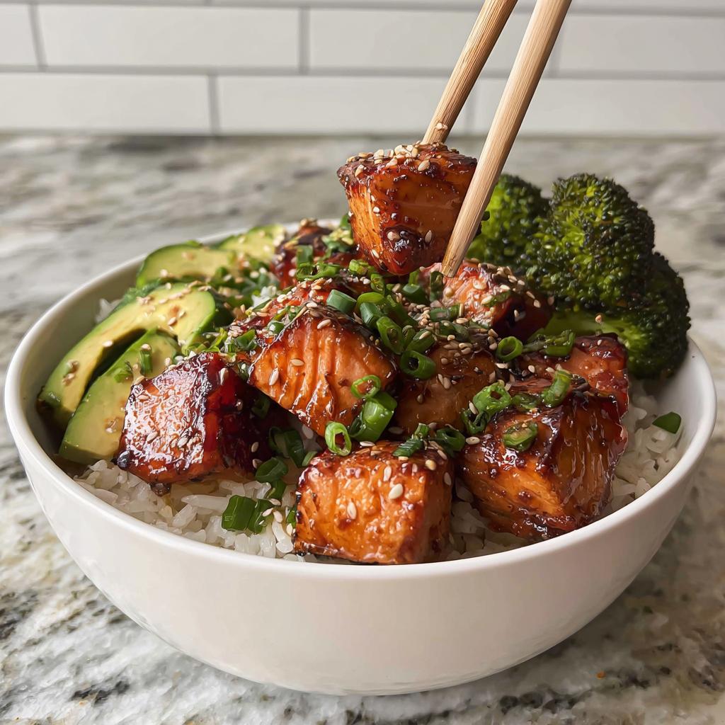 A close-up of a Crispy Salmon and Rice Bowl, featuring glazed salmon pieces, sliced avocado, steamed broccoli, and white rice, garnished with sesame seeds and green onions.
