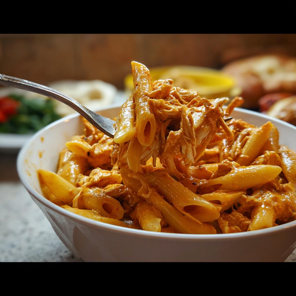 A fork lifting a generous portion of Crock Pot Creamy Cajun Chicken Pasta from a white bowl.