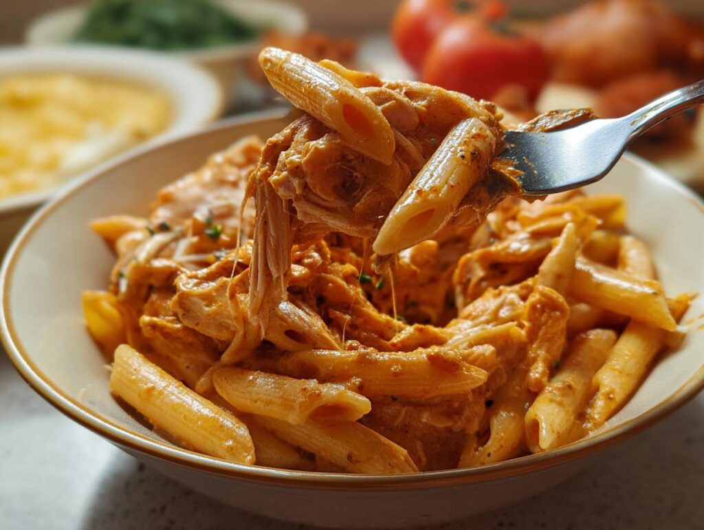 A fork lifts a portion of Crock Pot Creamy Cajun Chicken Pasta, showing tender chicken and penne pasta coated in a rich, orange sauce.