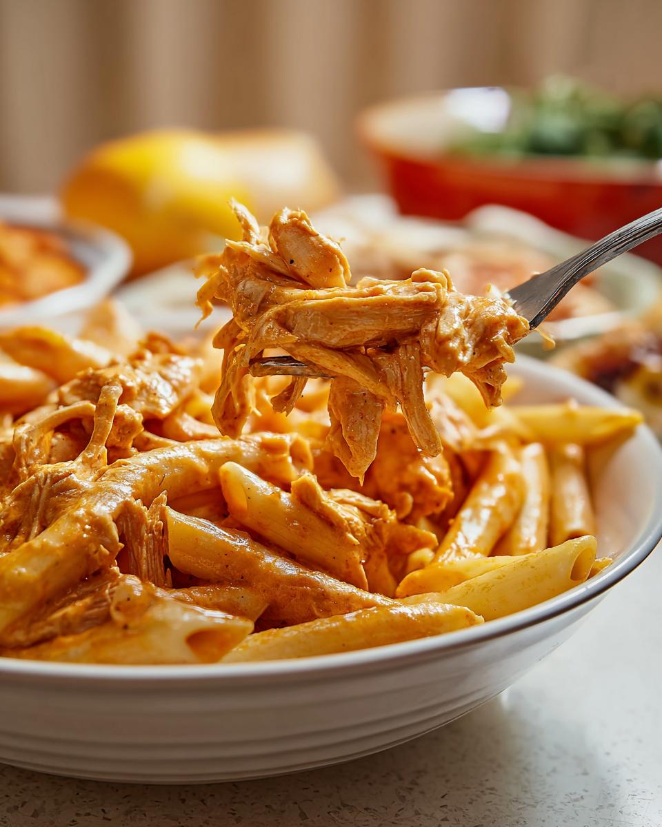 A fork lifting shredded chicken coated in creamy Cajun sauce from a bowl of penne pasta.