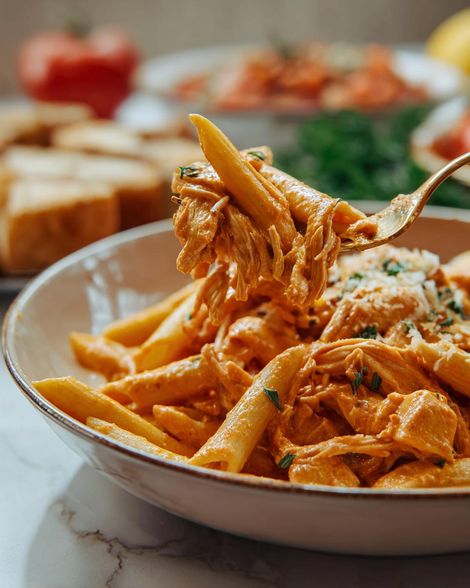 A fork lifts a bite of Crock Pot Creamy Cajun Chicken Pasta from a bowl, showing penne pasta and shredded chicken in a rich sauce.