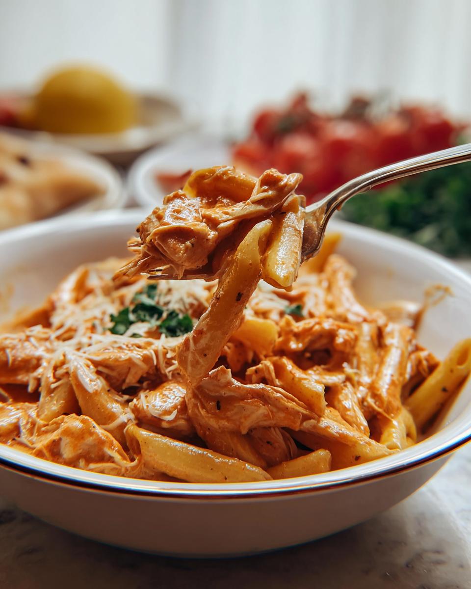 A fork lifts a generous portion of Crock Pot Creamy Cajun Chicken Pasta, showing tender chicken and penne pasta coated in a rich, orange sauce.