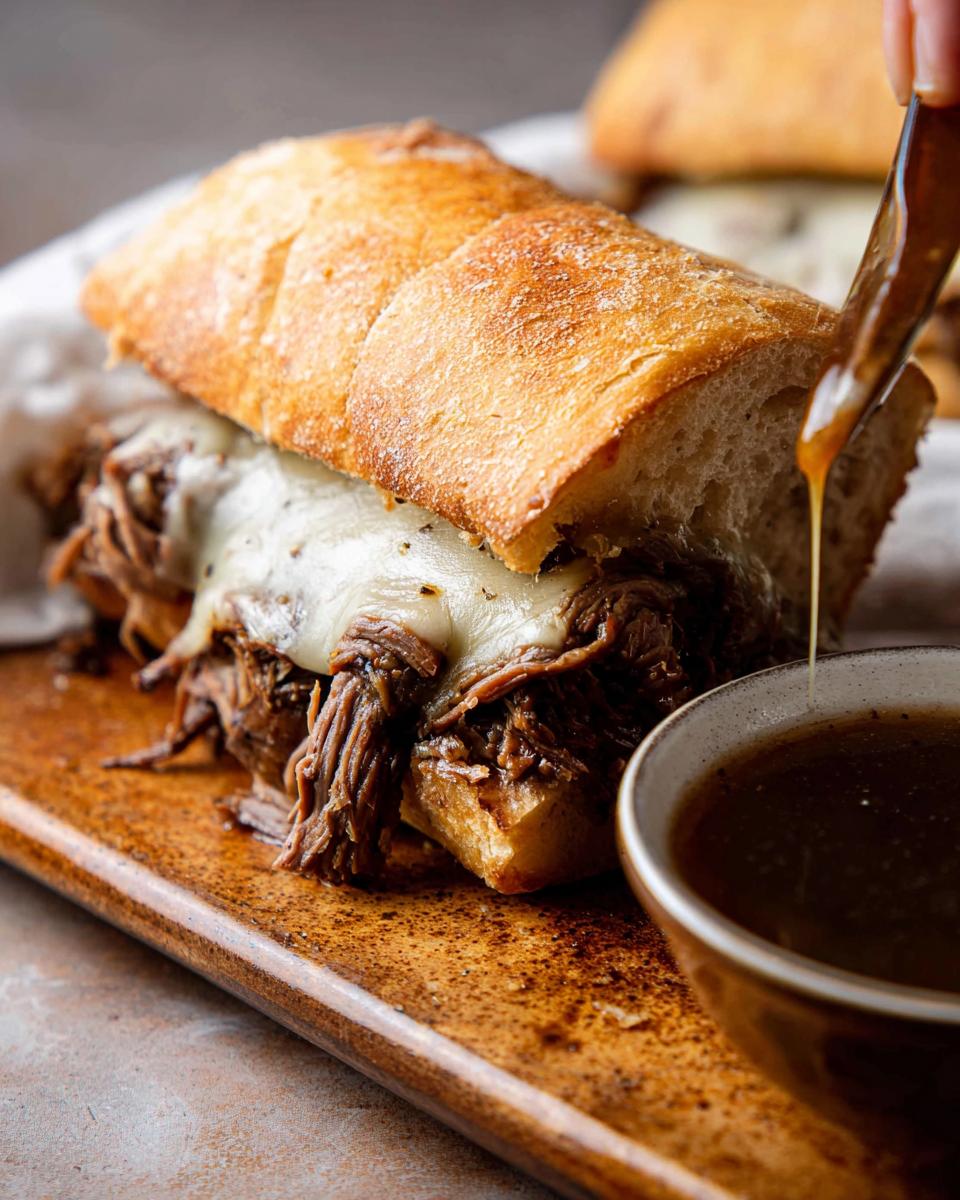 A delicious Crockpot French Dip Sandwich filled with shredded beef and melted cheese, being dipped into au jus.