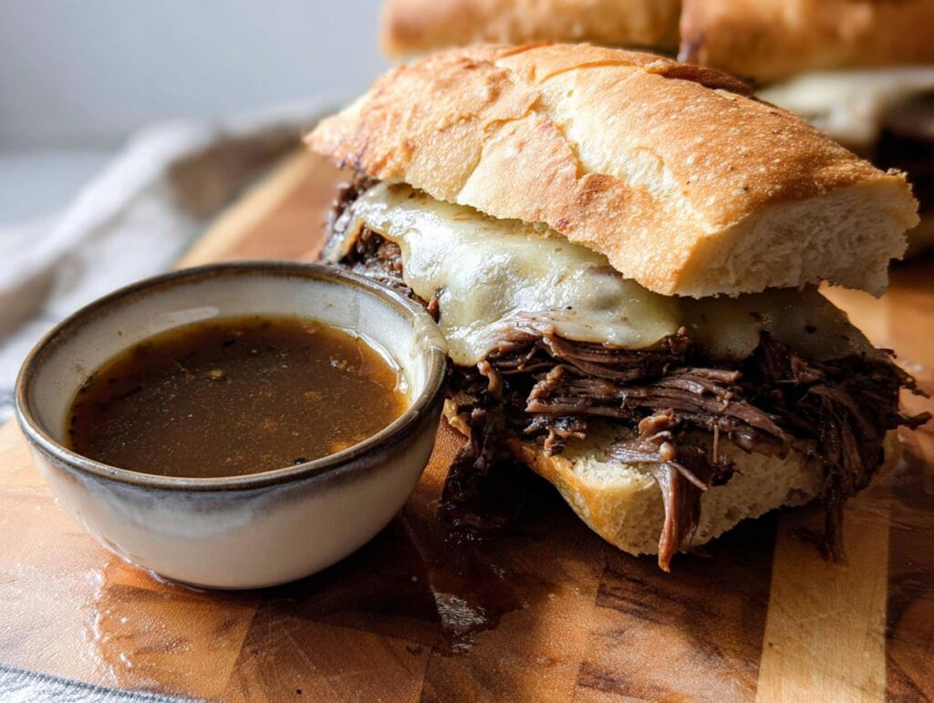 A delicious Crockpot French Dip Sandwich overflowing with shredded beef and melted cheese, served with a side of au jus.