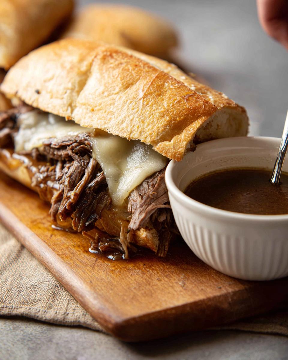 A delicious Crockpot French Dip Sandwich overflowing with shredded beef and melted cheese, served with a side of au jus.