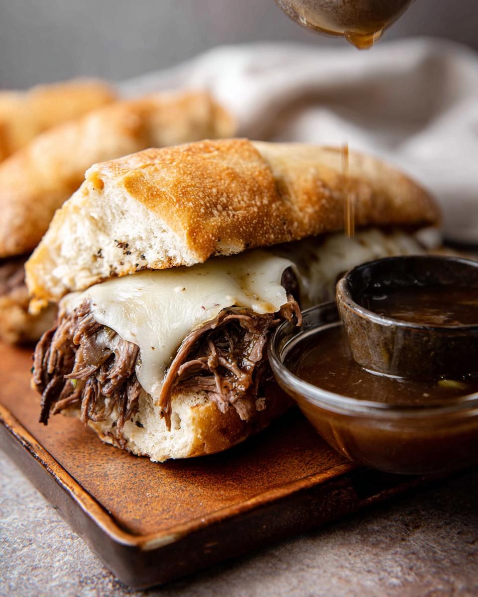 Close-up of a Crockpot French Dip Sandwich with melted cheese and shredded beef, being dipped in au jus.