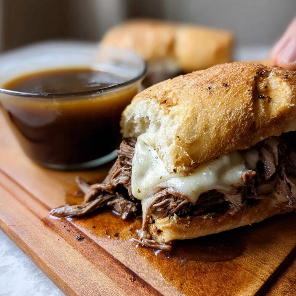 A close-up of a Crockpot French Dip Sandwich overflowing with shredded beef and melted cheese, served with a side of au jus.