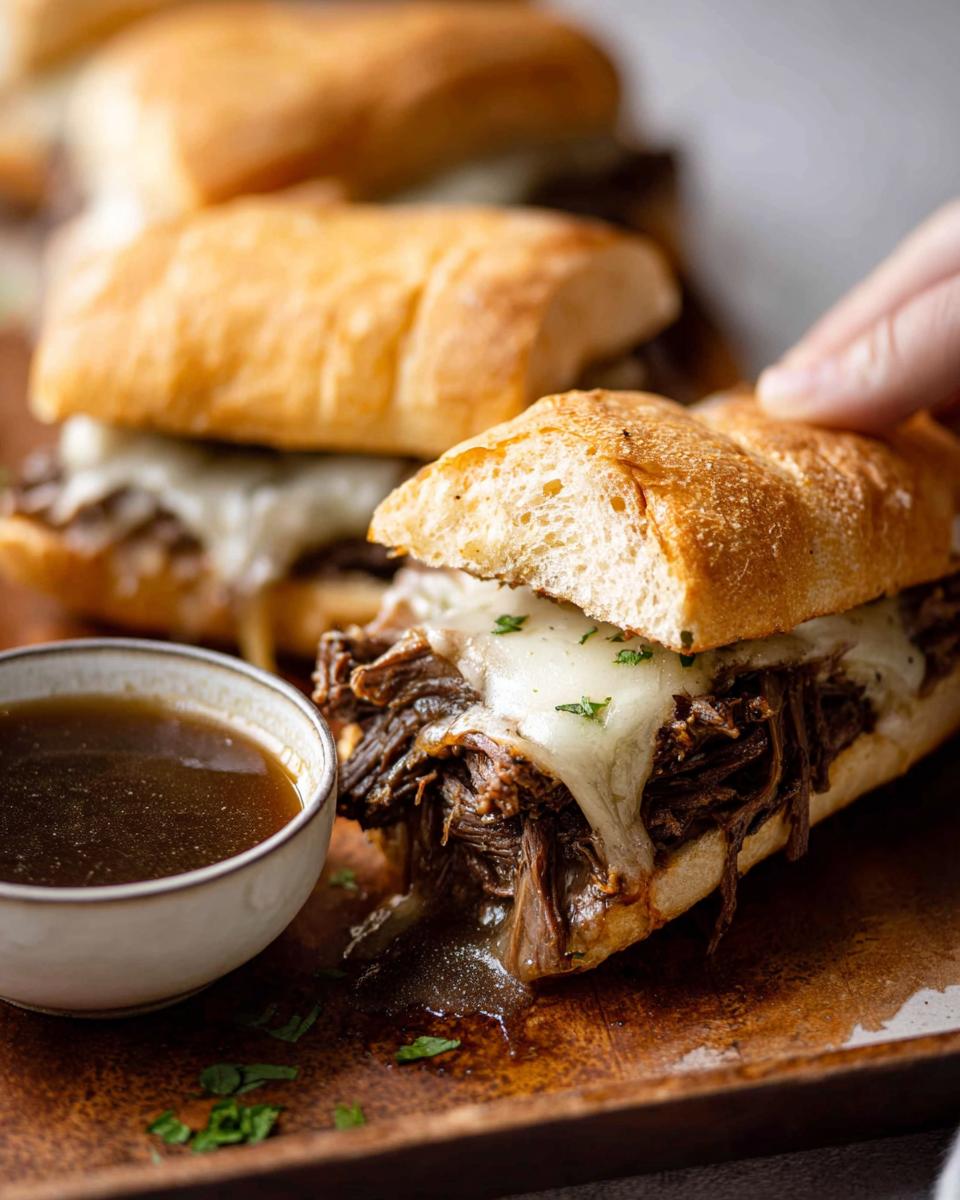 Close-up of a delicious Crockpot French Dip Sandwich with melted cheese and a side of au jus.