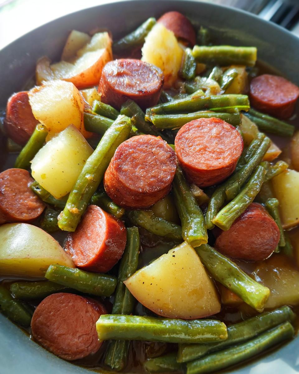 A close-up view of Crockpot Kielbasa and Green Beans in a bowl, showing sliced kielbasa, tender green beans, and chunks of potato.