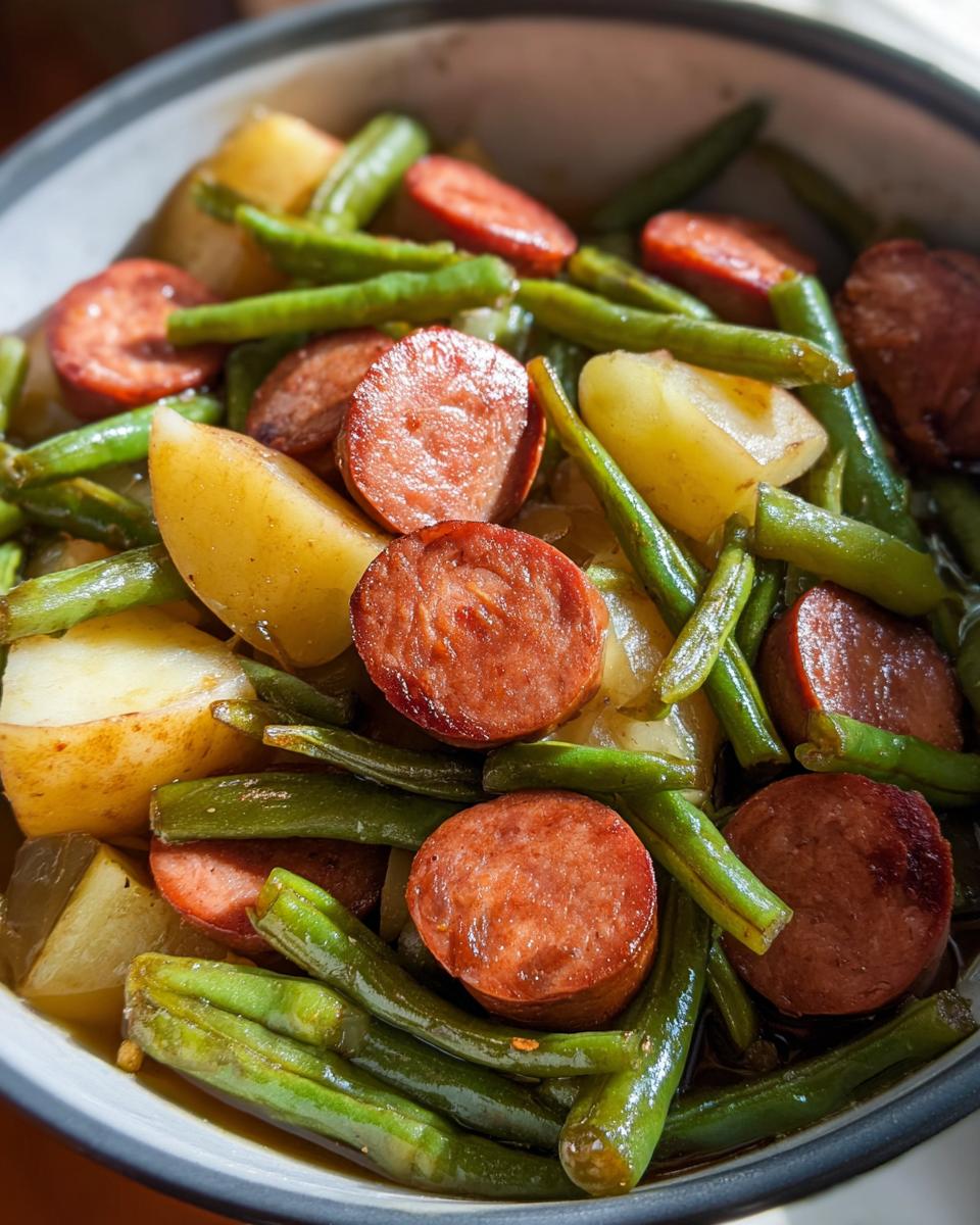Close-up of a bowl filled with Crockpot Kielbasa and Green Beans, featuring sliced sausage, potatoes, and tender green beans.