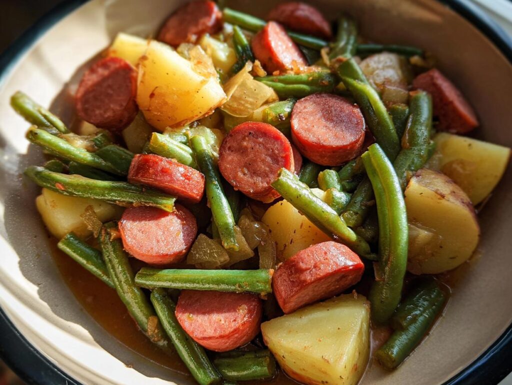 A close-up overhead view of a bowl filled with Crockpot Kielbasa and Green Beans, featuring sliced kielbasa, tender green beans, and chunks of potato.