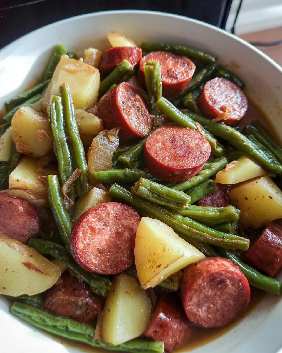 A close-up overhead view of a bowl filled with Crockpot Kielbasa and Green Beans, featuring sliced kielbasa, potatoes, and green beans in a savory sauce.