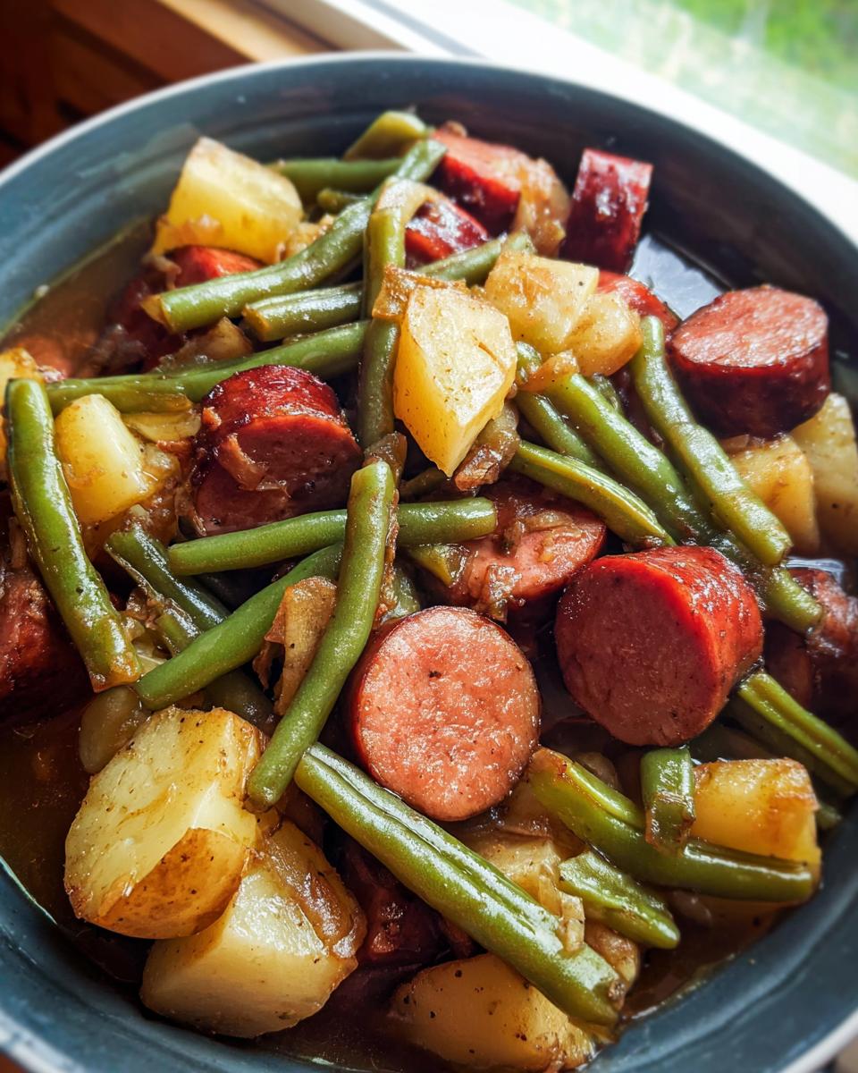 A close-up view of a bowl filled with Crockpot Kielbasa and Green Beans, with chunks of potatoes and sliced sausage.