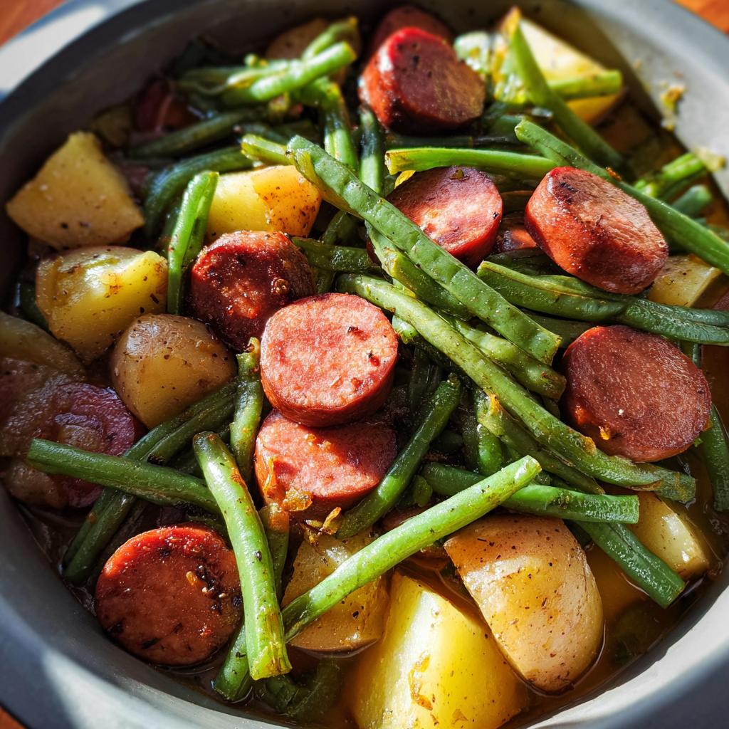 A close-up overhead view of a crockpot filled with Crockpot Kielbasa and Green Beans, featuring sliced kielbasa, potatoes, and green beans.