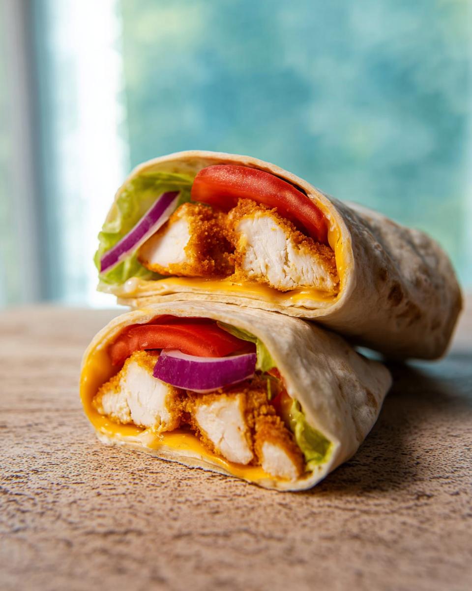 Two halves of a Crunchy Crispy Air Fryer Chicken & Mozzarella Wrap, showing breaded chicken, melted cheese, lettuce, tomato, and red onion.