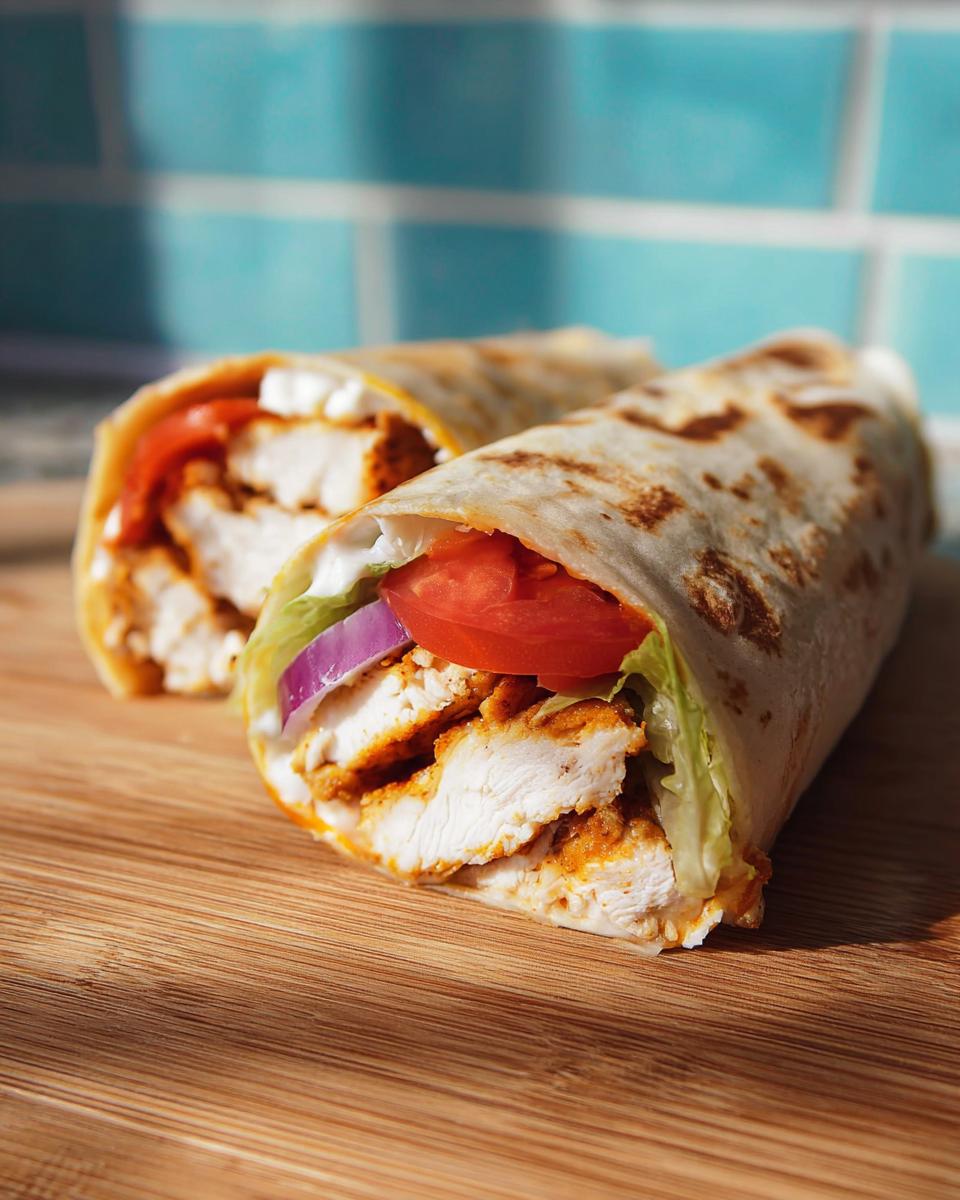 Two delicious Crunchy Crispy Air Fryer Chicken & Mozzarella Wraps filled with chicken, lettuce, tomato, onion, and sauce on a wooden board.