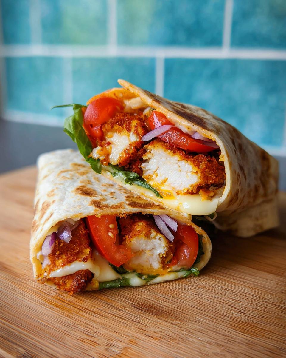 Close-up of Crunchy Crispy Air Fryer Chicken & Mozzarella Wraps filled with chicken, mozzarella, lettuce, tomato, and red onion.