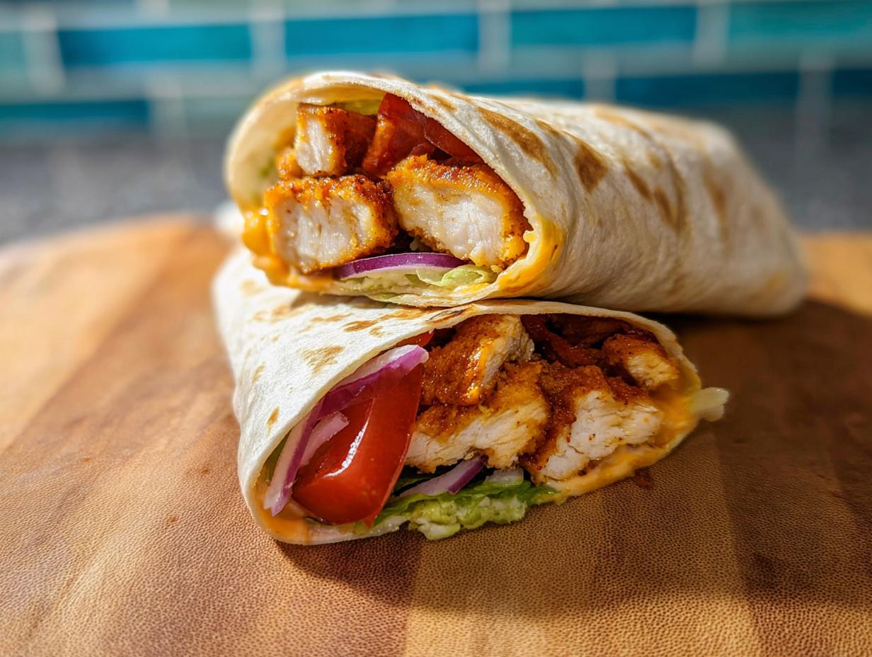 Two Crunchy Crispy Air Fryer Chicken & Mozzarella Wraps filled with breaded chicken, lettuce, tomato, and red onion.
