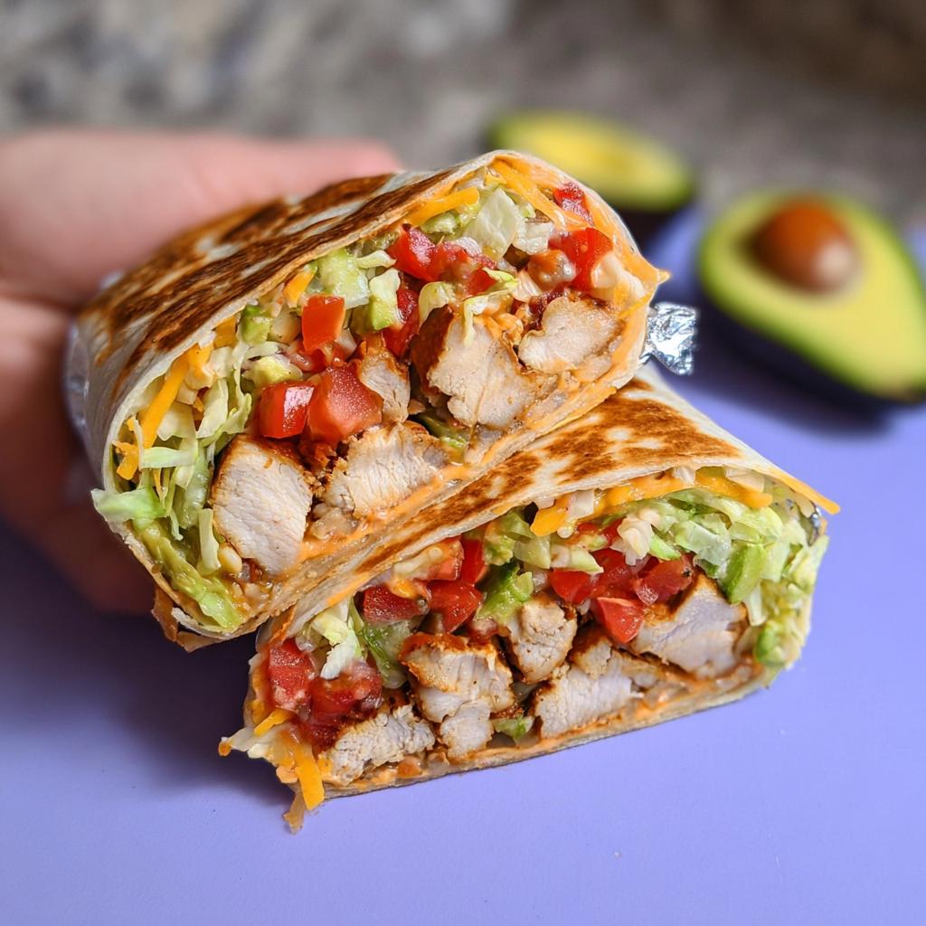 A delicious Easy Chipotle Ranch Grilled Chicken Burrito, cut in half, revealing grilled chicken, cheese, lettuce, tomatoes, and avocado.