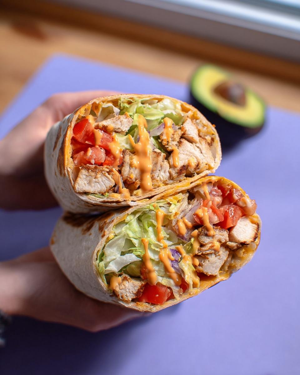 A halved Easy Chipotle Ranch Grilled Chicken Burrito showing chicken, lettuce, tomato, onion, and chipotle ranch drizzle.
