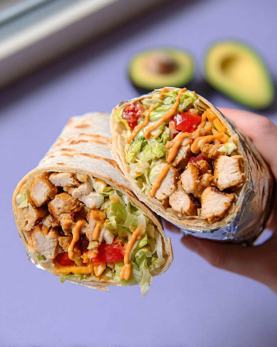 A delicious Easy Chipotle Ranch Grilled Chicken Burrito, cut in half, revealing chicken, lettuce, tomato, cheese, and chipotle ranch dressing.