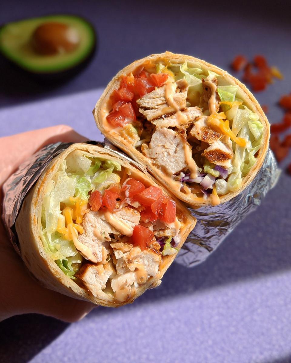 Close-up of an Easy Chipotle Ranch Grilled Chicken Burrito cut in half, revealing grilled chicken, lettuce, tomatoes, cheese, and sauce.