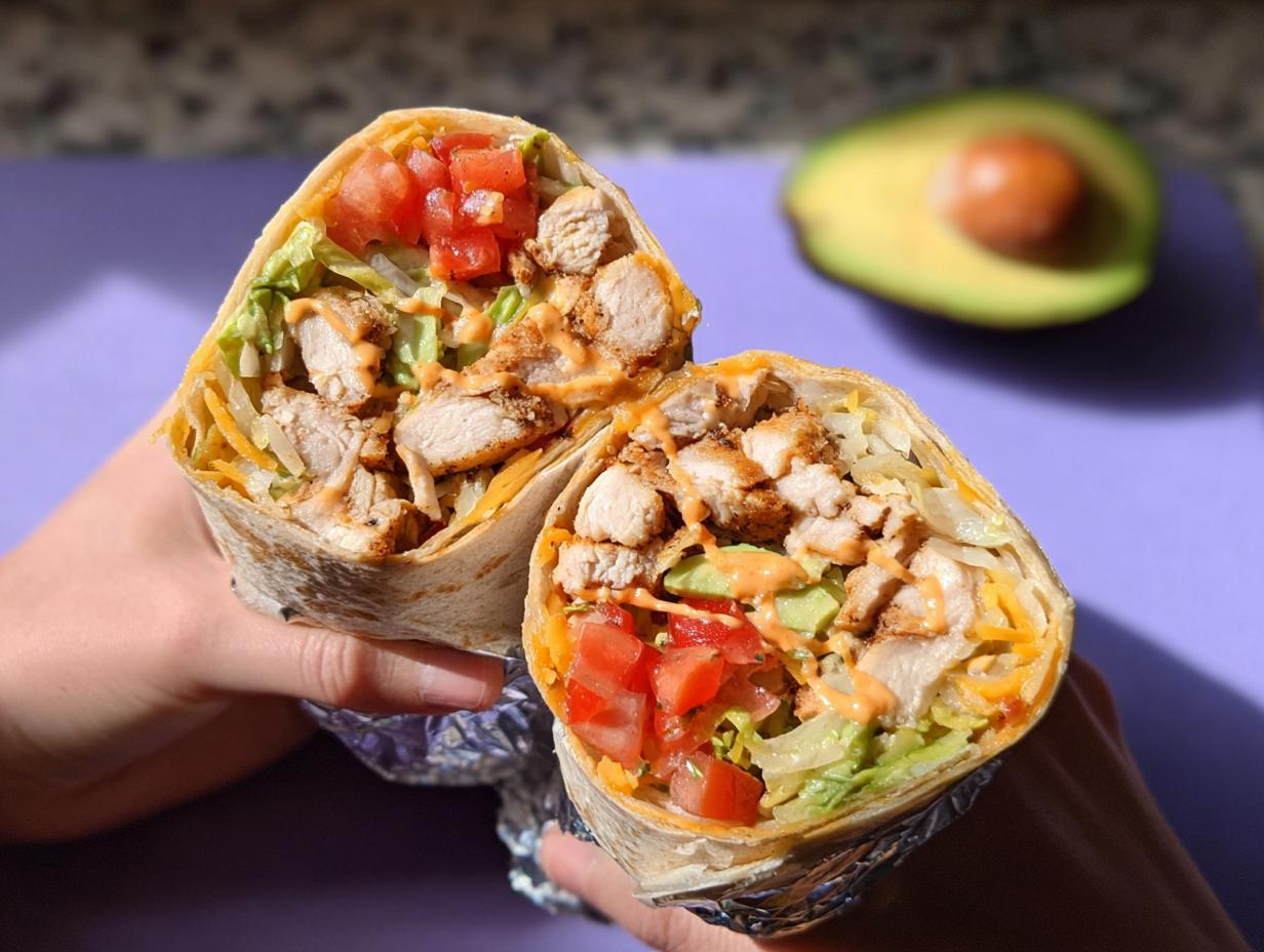 A halved Easy Chipotle Ranch Grilled Chicken Burrito showing grilled chicken, lettuce, tomato, avocado, cheese, and sauce.