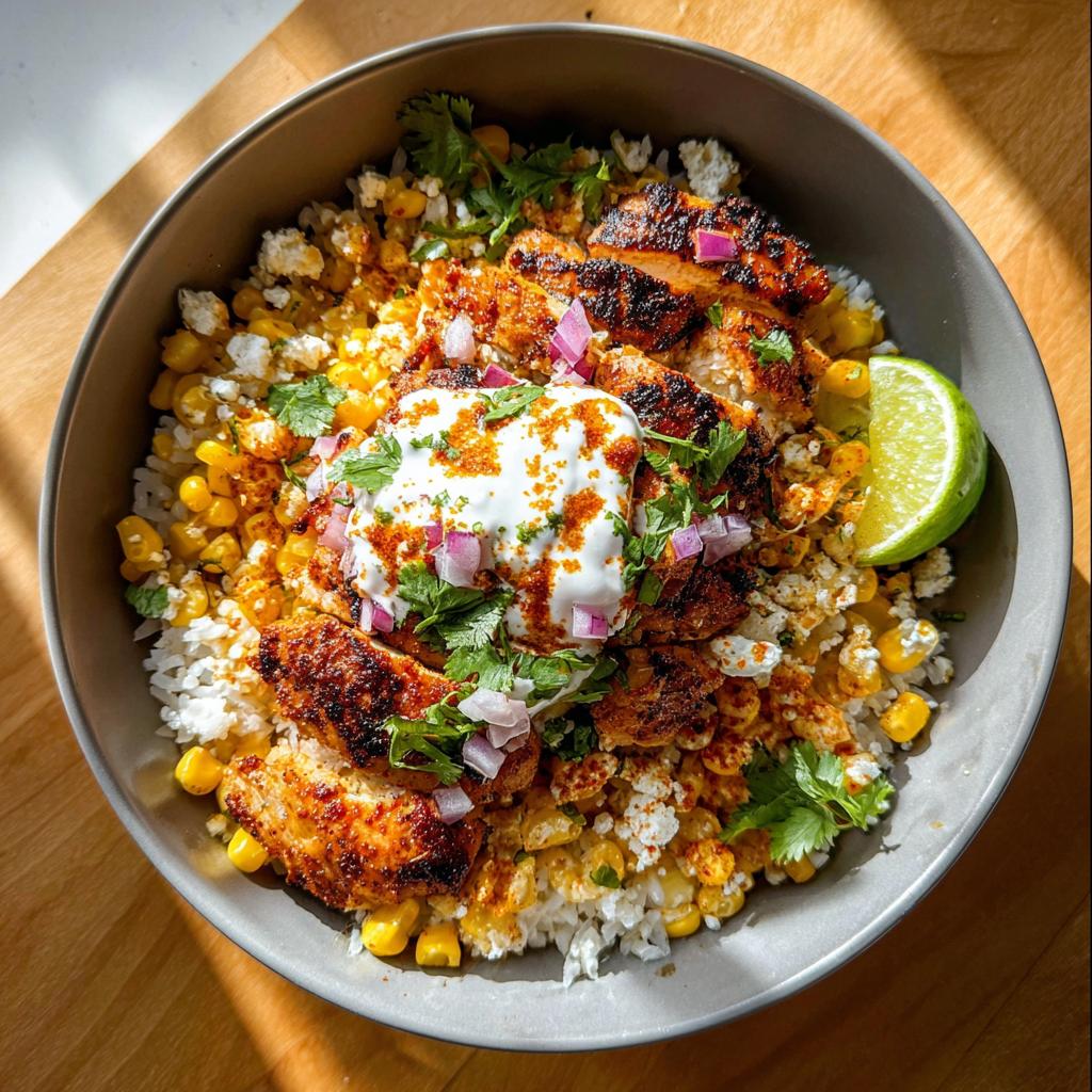 A delicious Easy Street Corn Chicken Bowl with grilled chicken, rice, corn, cotija cheese, and a lime wedge.