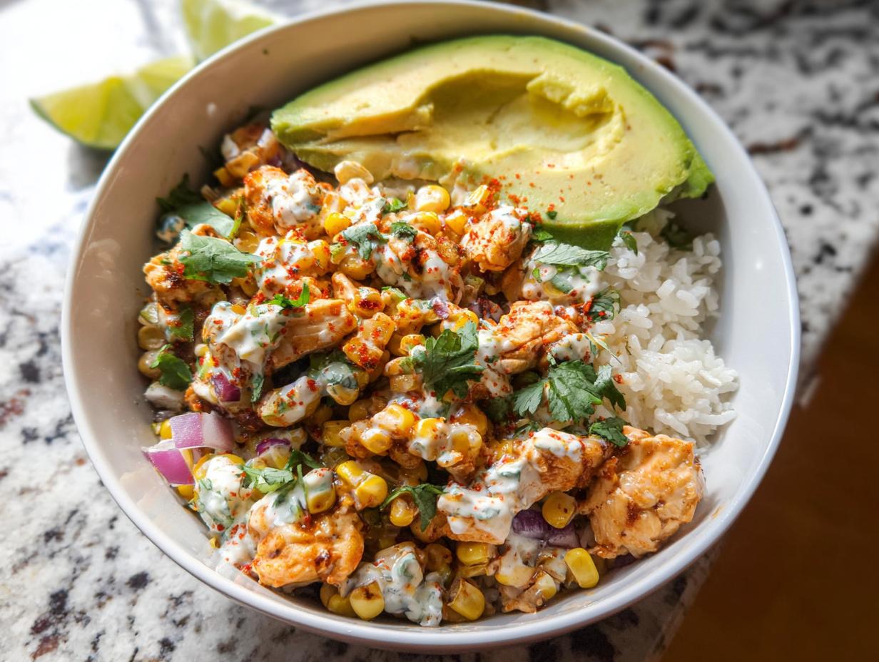 A delicious Easy Street Corn Chicken Bowl filled with rice, seasoned chicken, corn, avocado, and cilantro.