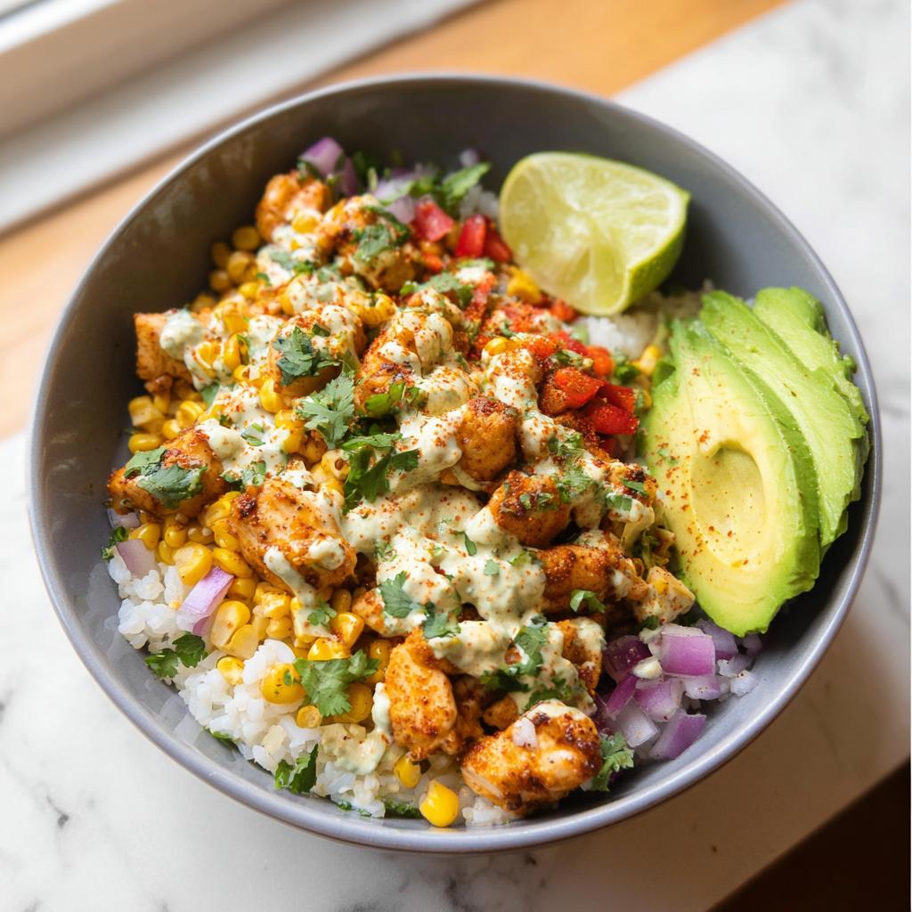 A delicious Easy Street Corn Chicken Bowl filled with rice, corn, seasoned chicken, avocado slices, red onion, and a lime wedge.