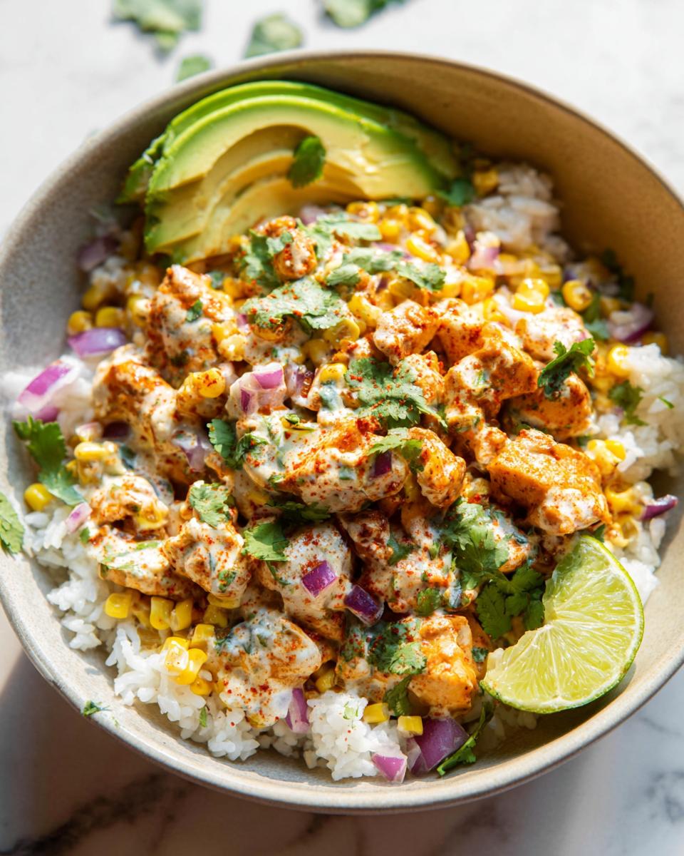 A close-up of an Easy Street Corn Chicken Bowl with rice, seasoned chicken, corn, red onion, avocado slices, and a lime wedge.