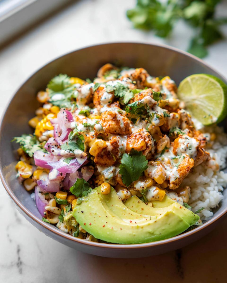 A vibrant Easy Street Corn Chicken Bowl filled with rice, seasoned chicken, corn, red onion, avocado, and a drizzle of creamy sauce, garnished with cilantro and lime.