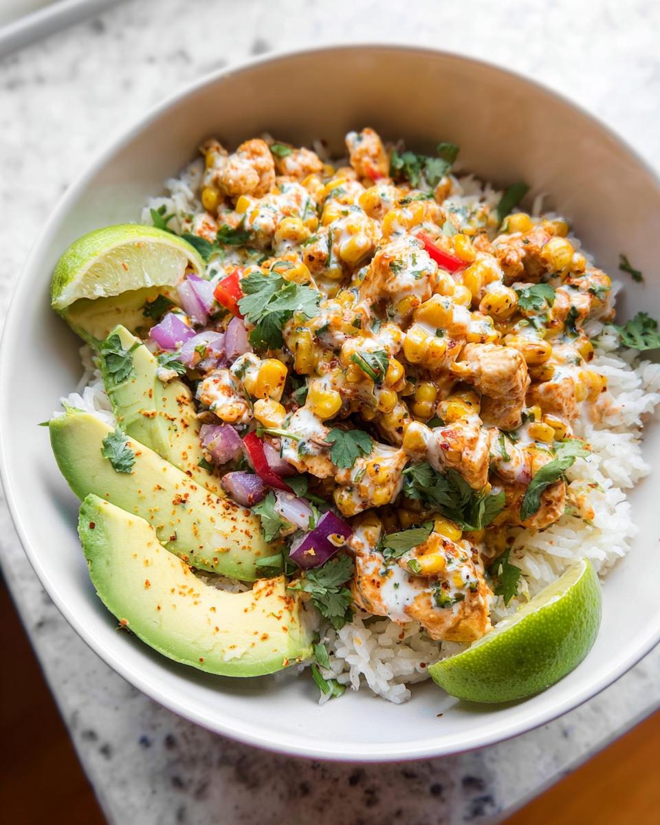 A vibrant Easy Street Corn Chicken Bowl topped with creamy corn, chicken, avocado slices, red onion, cilantro, and lime wedges.