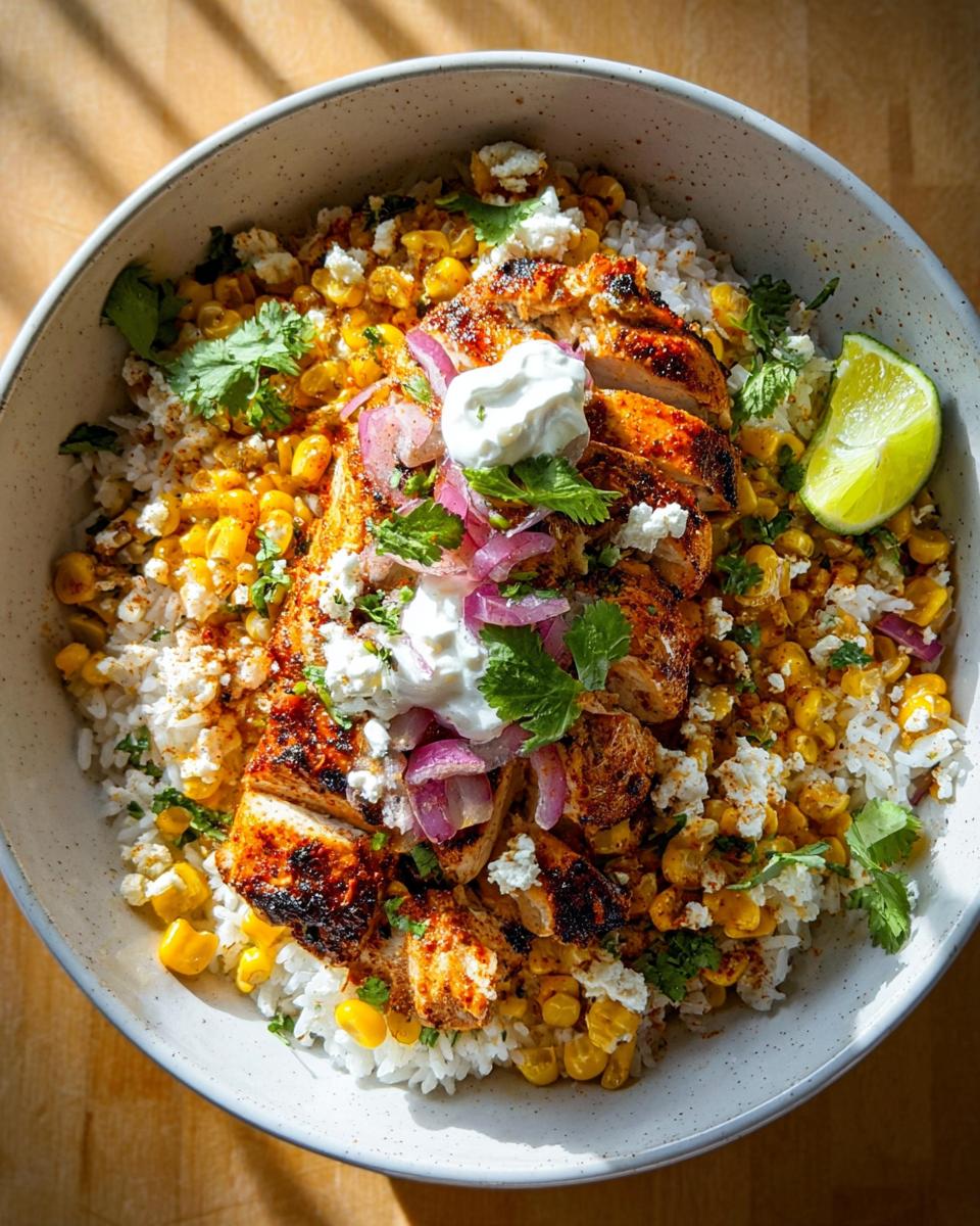 A vibrant Easy Street Corn Chicken Bowl featuring grilled chicken, rice, corn, crumbled cheese, and a lime wedge.