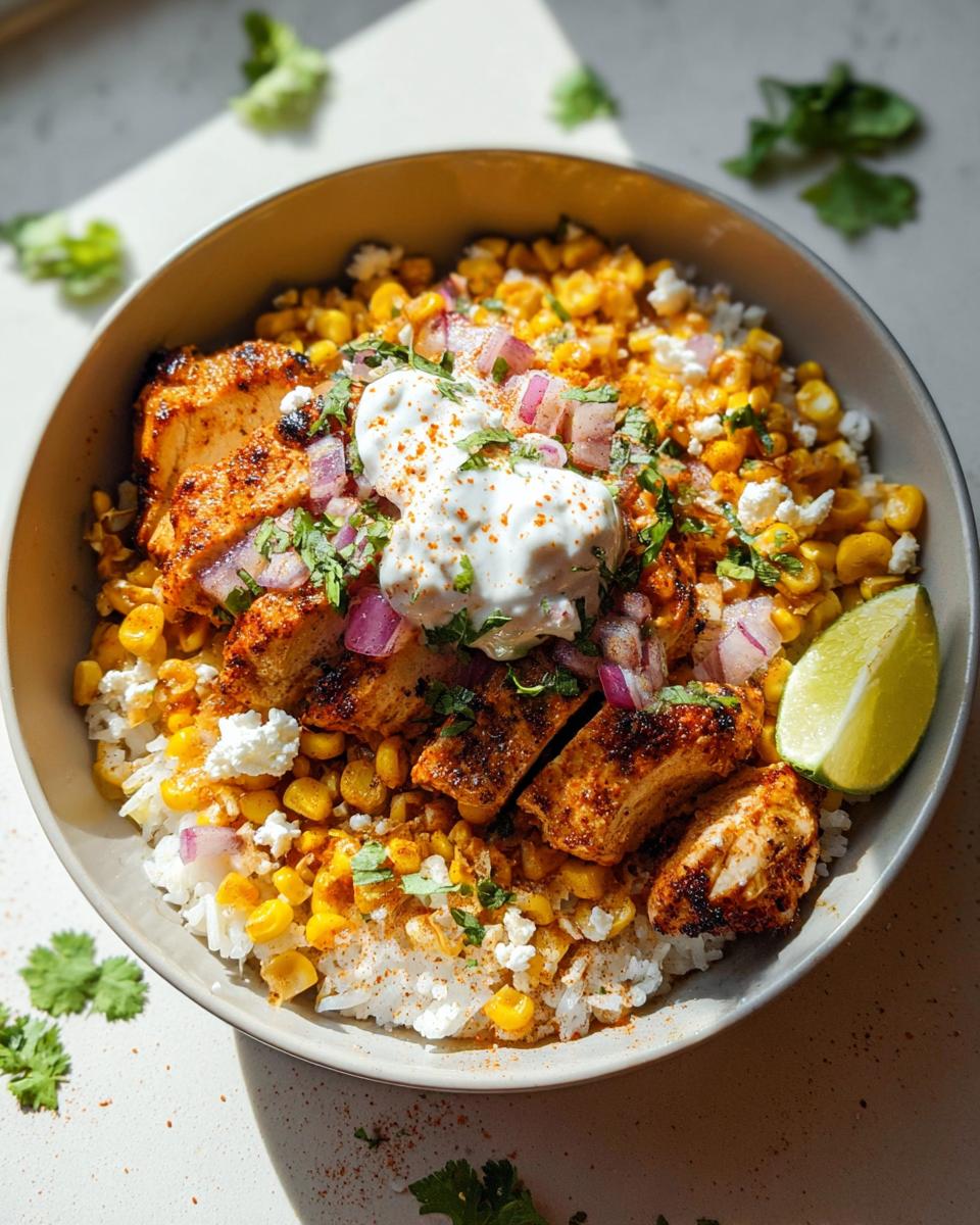 A vibrant Easy Street Corn Chicken Bowl featuring grilled chicken, corn, rice, and a dollop of sour cream.