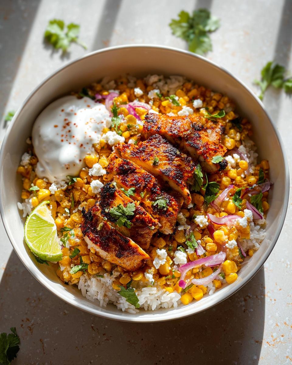 A vibrant Easy Street Corn Chicken Bowl featuring grilled chicken, corn, rice, crumbled cheese, and a dollop of sour cream.
