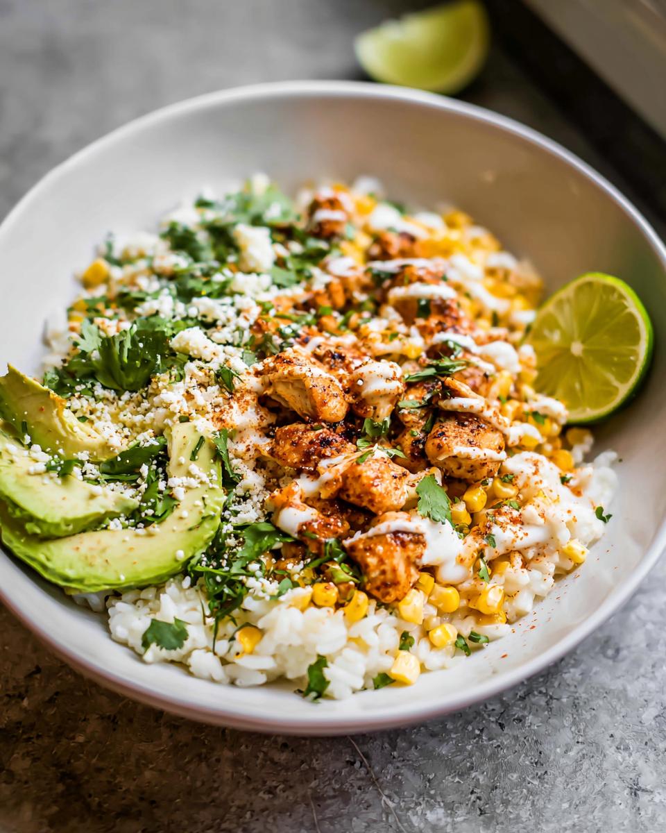 Close-up of an Easy Street Corn Chicken Bowl with rice, corn, seasoned chicken, avocado, cilantro, and lime.