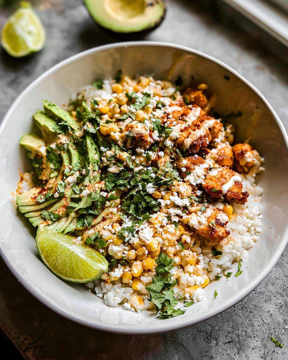 Close-up of an Easy Street Corn Chicken Bowl with rice, corn, chicken, avocado slices, and lime.