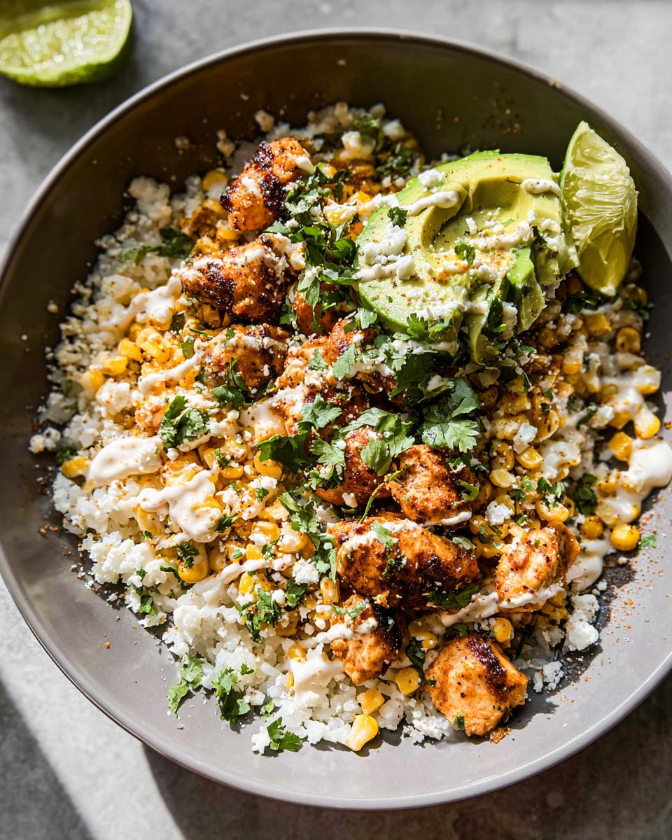 A close-up of an Easy Street Corn Chicken Bowl topped with avocado slices, cilantro, and crumbled cheese.