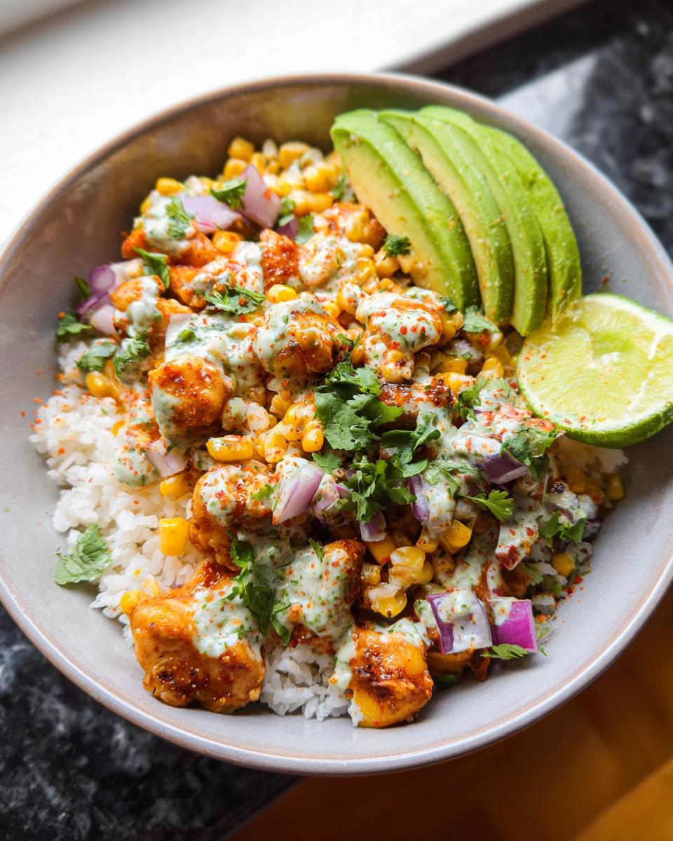 A close-up of an Easy Street Corn Chicken Bowl filled with rice, seasoned chicken, corn, red onion, cilantro, and avocado slices.