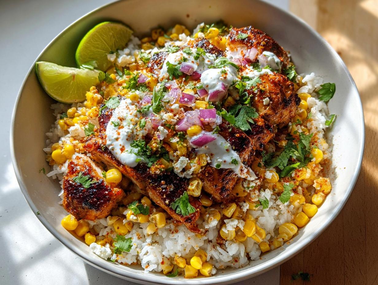 A vibrant Easy Street Corn Chicken Bowl filled with rice, corn, seasoned chicken, and topped with crema and cilantro.