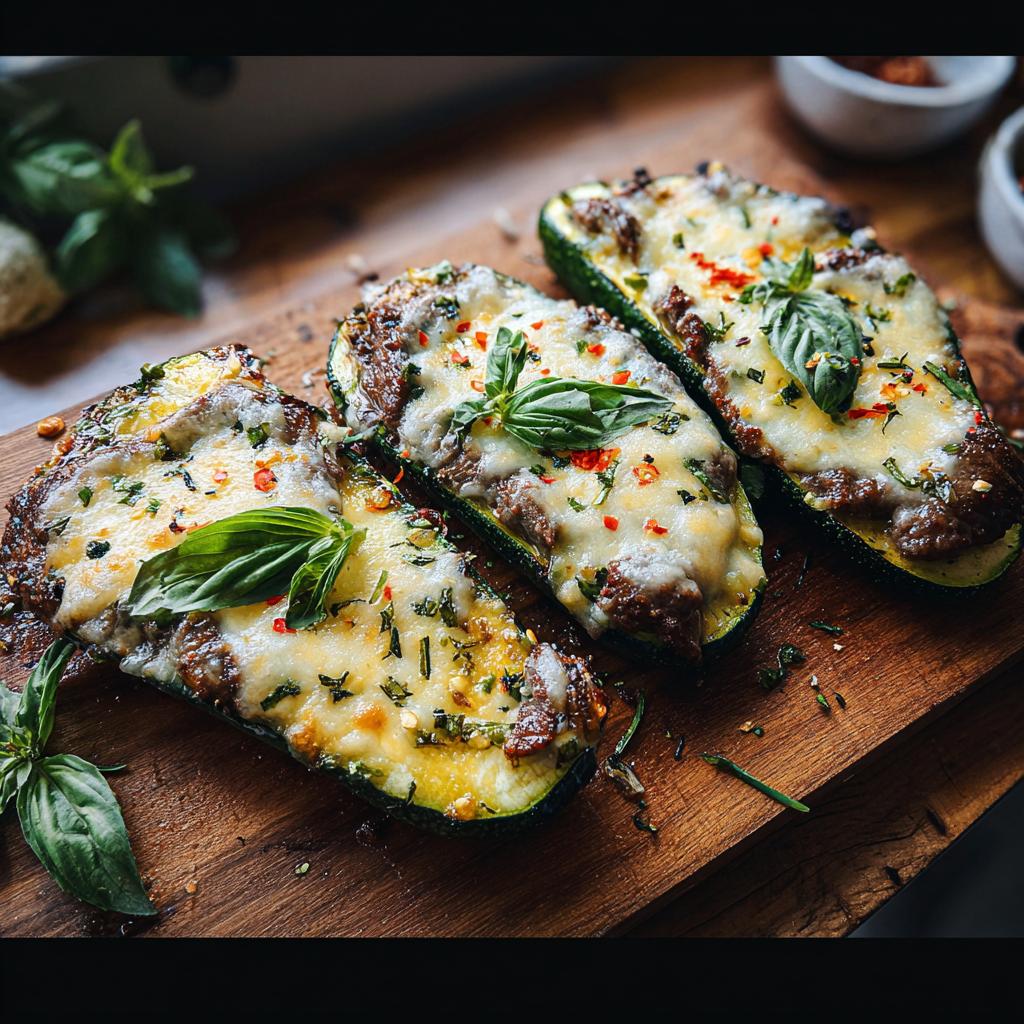 Three halves of zucchini boats filled with garlic butter steak and topped with melted cheese, fresh basil, and chili flakes.
